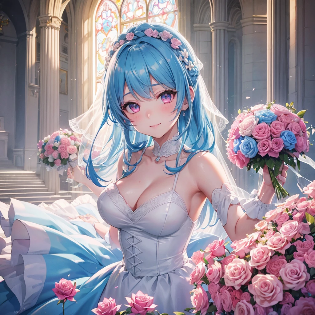 Sky blue hair, (Braided Ponytail),(Pink Eyes),Fair skin ,(whole body),(One girl),bride,A big smile,Straight bangs, 6月のbride,Wedding dress,(masterpiece, Highest quality, Very detailed, Best Shadow), (Detailed Background), (Beautifully detailed face), High Contrast, (Best lighting, Very delicate and beautiful), ((Cinematic Light)), colorful, Hyper Detail, Dramatic Light, Intricate details,Chapel background,Bouquet of roses