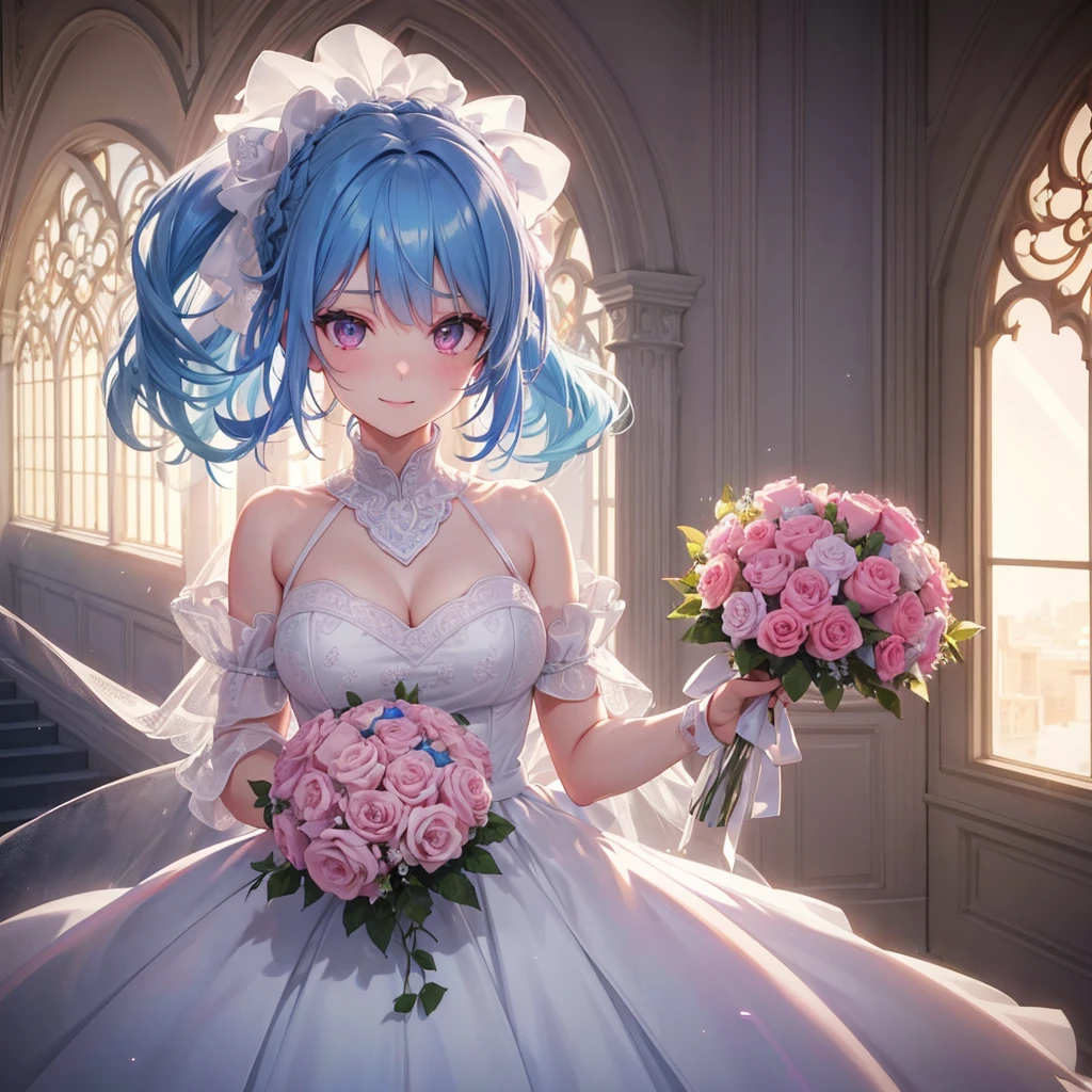 Sky blue hair, (Braided Ponytail),(Pink Eyes),Fair skin ,(whole body),(One girl),bride,A big smile,Straight bangs, 6月のbride,Wedding dress,(masterpiece, Highest quality, Very detailed, Best Shadow), (Detailed Background), (Beautifully detailed face), High Contrast, (Best lighting, Very delicate and beautiful), ((Cinematic Light)), colorful, Hyper Detail, Dramatic Light, Intricate details,Chapel background,Bouquet of roses