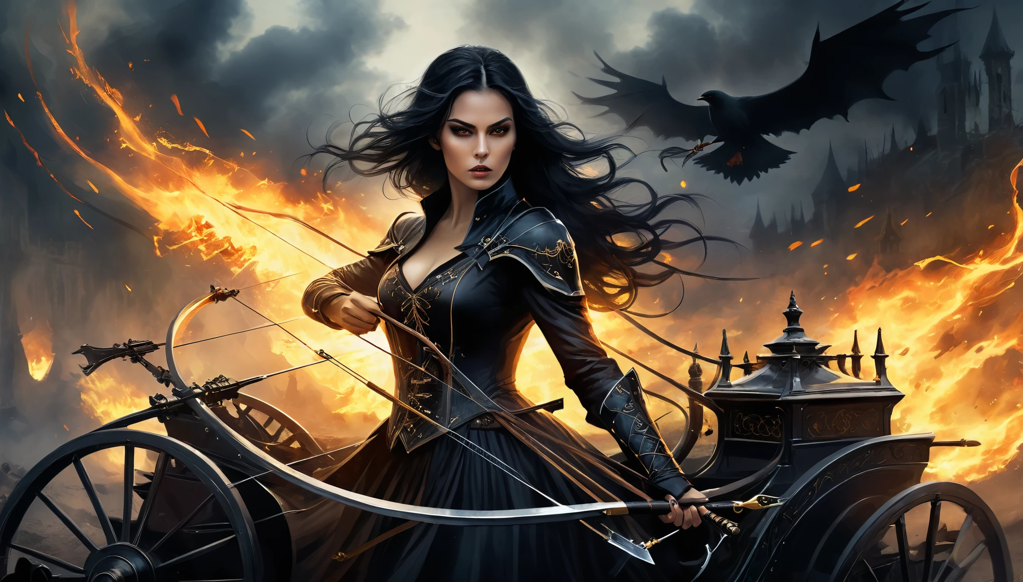 A fierce woman with dark, gothic makeup and flowing black hair, aiming a crossbow out of a gothic-style carriage, surrounded by dark flames and eerie shadows in a haunted landscape.