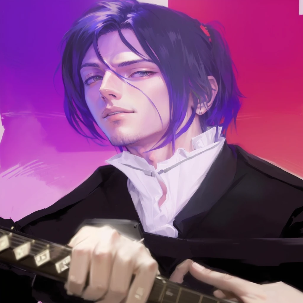 anime - style image of a man with a guitar in his hand, Sebastian Michaelis, made in an anime artist's studio, Shigenori Soejima illustration, zerochan art, 2D anime style, from Shingei, Kentaro Miura art style manga, anime style, handsome guy in demon slayer art, trigger anime art style