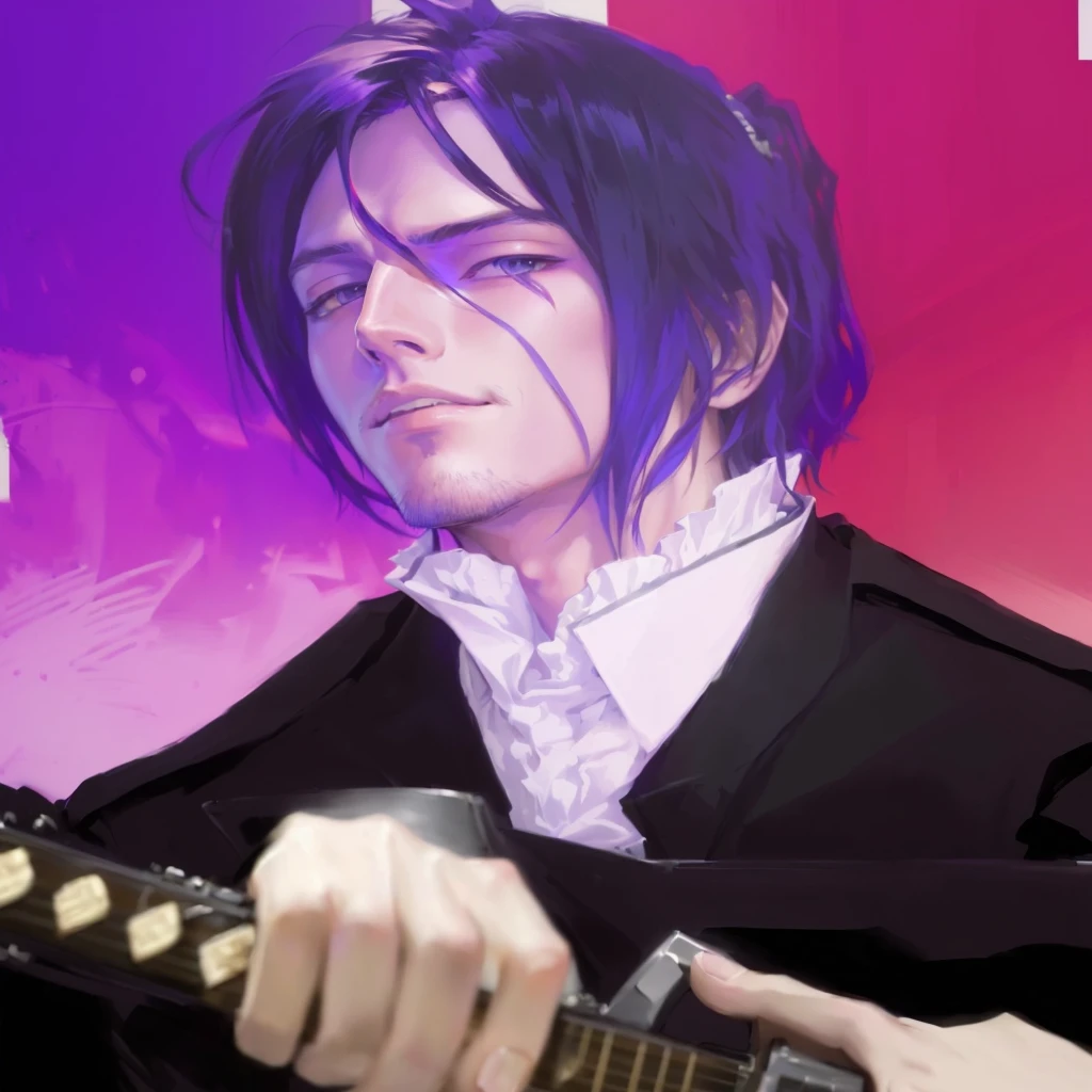 anime - style image of a man with a guitar in his hand, Sebastian Michaelis, made in an anime artist's studio, Shigenori Soejima illustration, zerochan art, 2D anime style, from Shingei, Kentaro Miura art style manga, anime style, handsome guy in demon slayer art, trigger anime art style