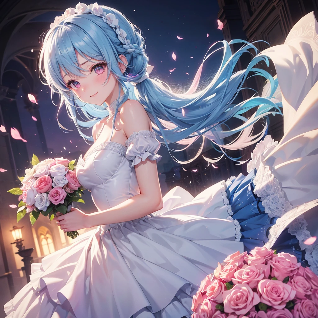 Sky blue hair, (Braided Ponytail),(Pink Eyes),Fair skin ,(whole body),(One girl),bride,A big smile,Straight bangs, 6月のbride,Wedding dress,(masterpiece, Highest quality, Very detailed, Best Shadow), (Detailed Background), (Beautifully detailed face), High Contrast, (Best lighting, Very delicate and beautiful), ((Cinematic Light)), colorful, Hyper Detail, Dramatic Light, Intricate details,Chapel background,Bouquet of roses