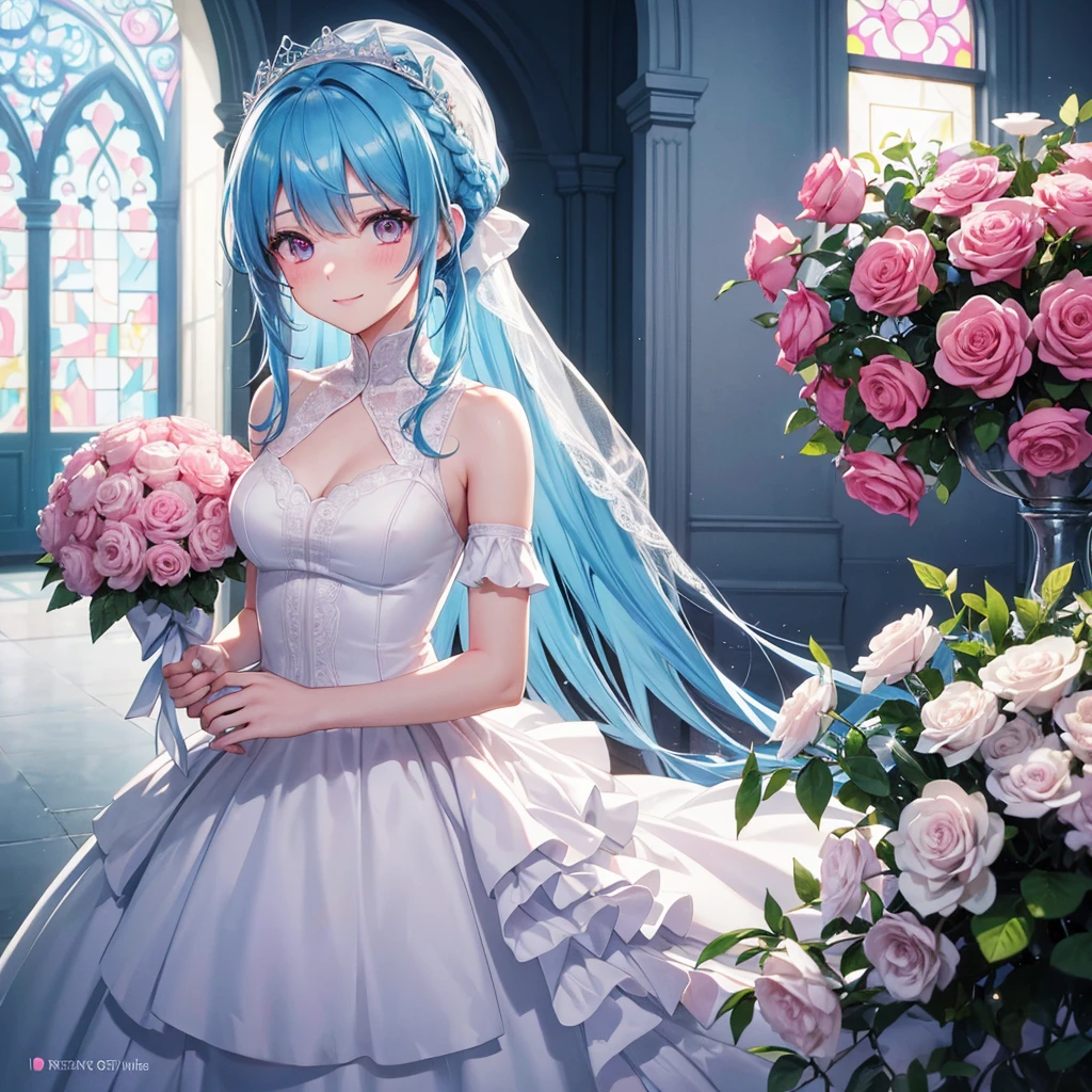 Sky blue hair, (Braided Ponytail),(Pink Eyes),Fair skin ,(whole body),(One girl),bride,A big smile,Straight bangs, 6月のbride,Wedding dress,(masterpiece, Highest quality, Very detailed, Best Shadow), (Detailed Background), (Beautifully detailed face), High Contrast, (Best lighting, Very delicate and beautiful), ((Cinematic Light)), colorful, Hyper Detail, Dramatic Light, Intricate details,Chapel background,Bouquet of roses