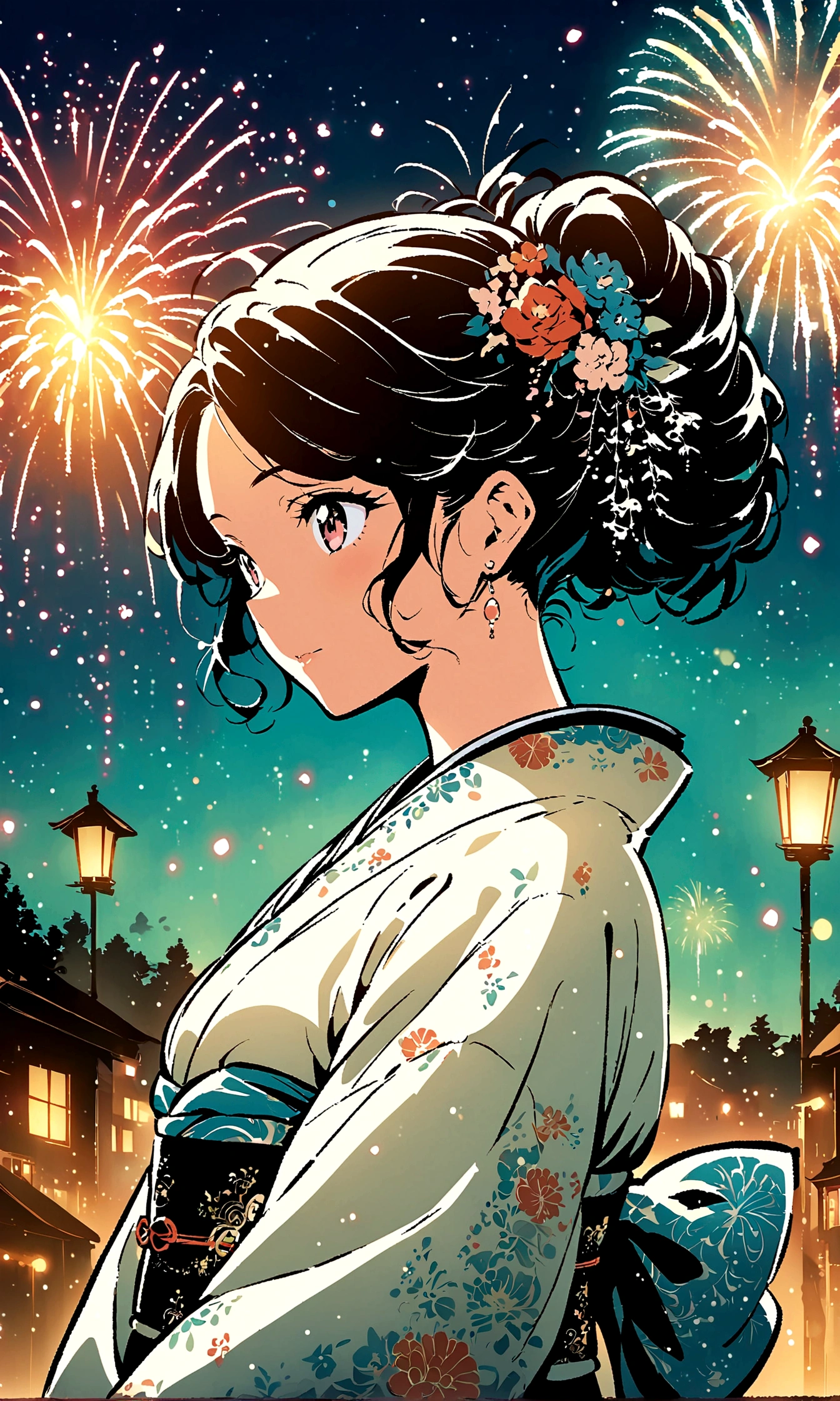 ((Illustration Style))，Anime Style, country, A woman wearing an elegant kimono, firework, Charm