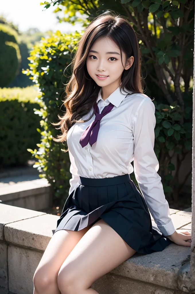 Pure Japanese school girl, no makeup, thick eyebrows, wearing uniforms, natural hair style, pure smile, natural body, shiny white skin, refreshing in early summer morning sunlight, feeling soft breeze in hair, sitting and relaxing, lift up skirt, (panty), sexual temptation, sexual attractive, professional portrait photography, composition from the front,