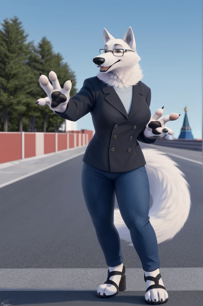 Barbara\(Moscow\), (white body:1.3), white fur, Brown eyes, Moscow, dressed, black jacket,jeans,blue open heel sandals,glasses, canine, wolf, Detailed fur, Female, breast, antro, paw pads, finger claws, waving, waving at viewer, 5 fingers, paws, 4 toes,ring, 
BREAK from nextel, for dating, by xenoforge, (difficult, high detail, film photography, soft focus, RAW сидит,
Photorealism, realistic, photorealistic, digital style, Subsurface scattering,
masterpiece, Best quality, ultra realistic, 8 k)