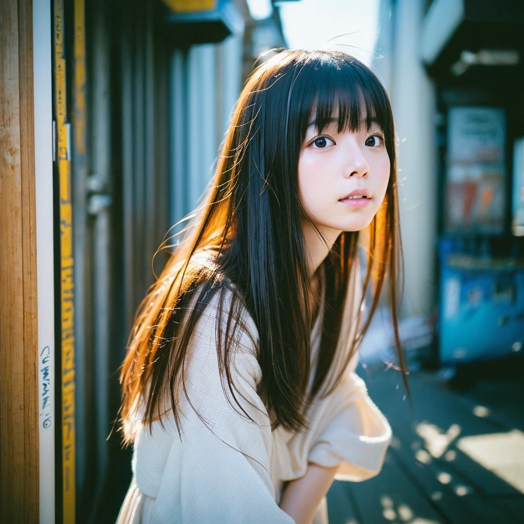 Japanese beautiful girl, Embarrassed look, figure, (Highest quality, Super detailed), front、Gentle lighting, Flowing Hair,one piece、 Delicate features, Dreamy atmosphere、Analog Film Photography、20-year-old、90'、Cyberpunk-style lo-fi animation、