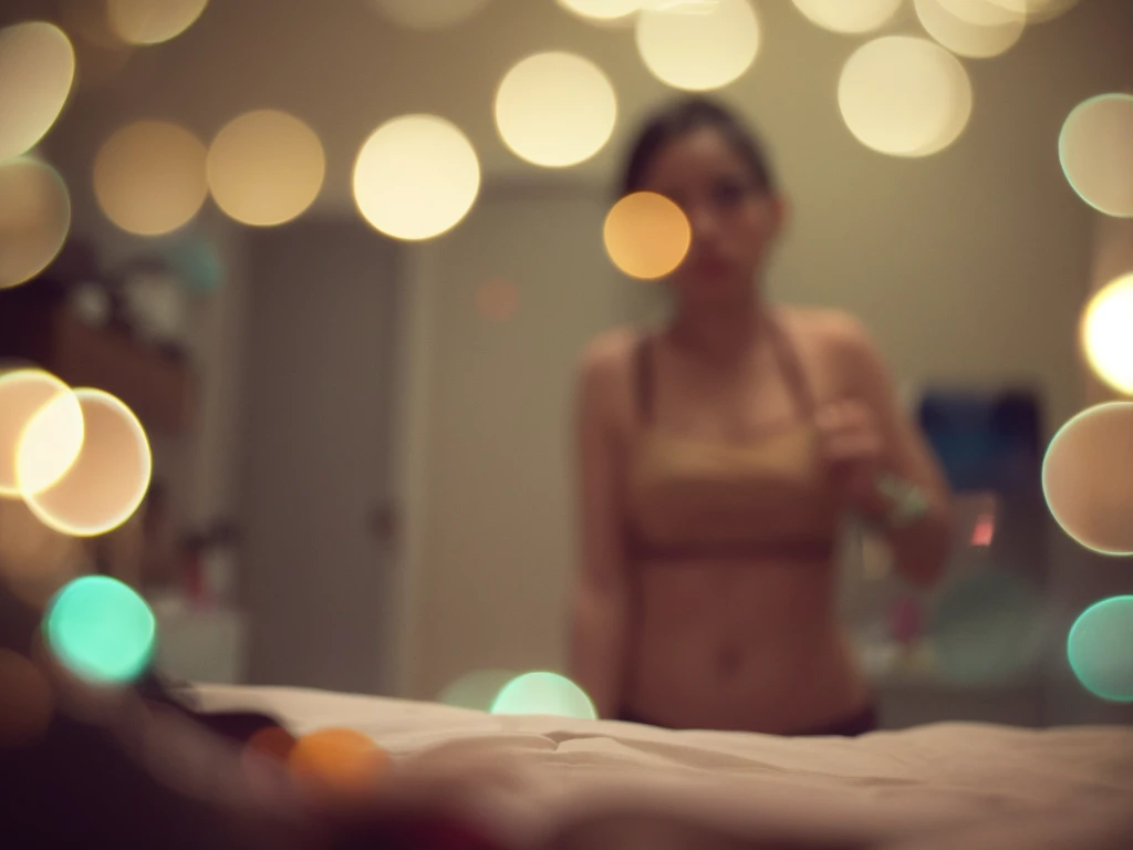 Voyeur , (old color negative film) , (soft focus) , (Bokeh:1.5) , woman , woman's messy room , (Activities of daily living) , underwear , looking away , cooking