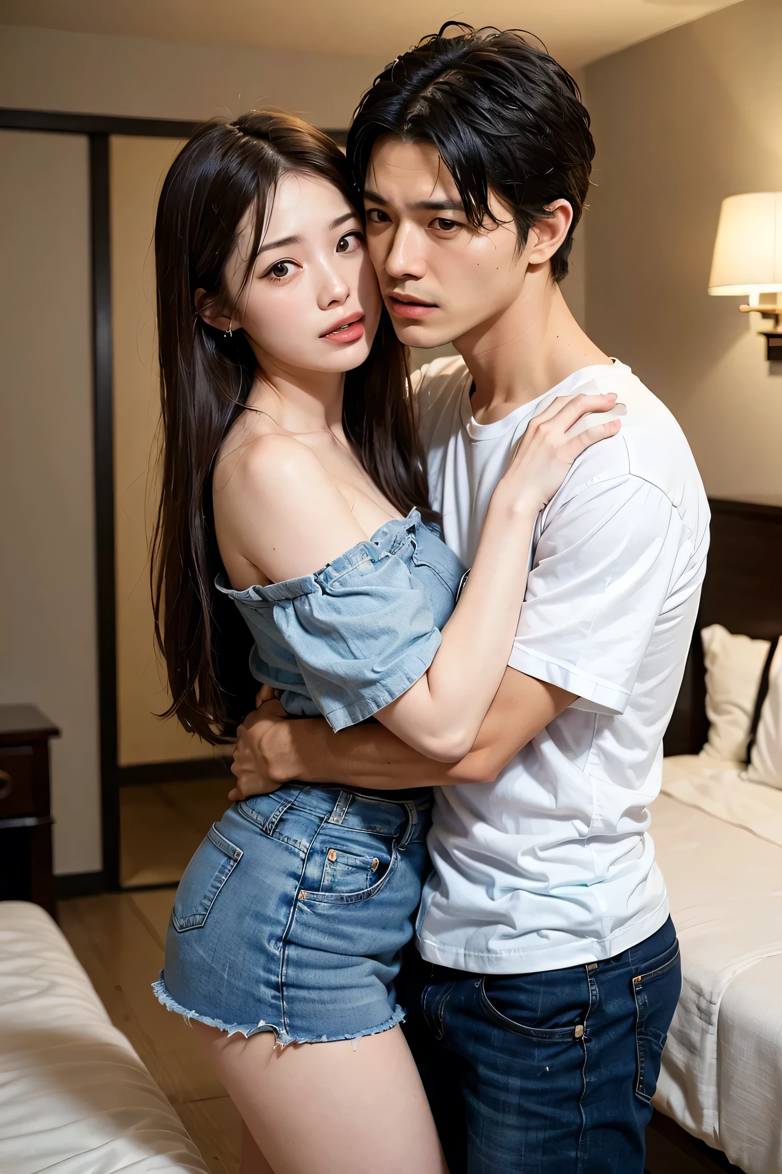 Stylish photo of a man and woman sitting on a bed.., Sakimichan and Frank Franzzeta, Ben Maier and Sakimichan, exquisite, highly detailed, romance novel covers, Romantic Shojo, high quality fan art, in the Bowater art style. , , 10 !!, Couple position, hot visual novel CG forbidden fucking, pussy, breast, clit, girl turns towards the viewer, young man holds the girl's hips, girl crawls away, girl is shocked.