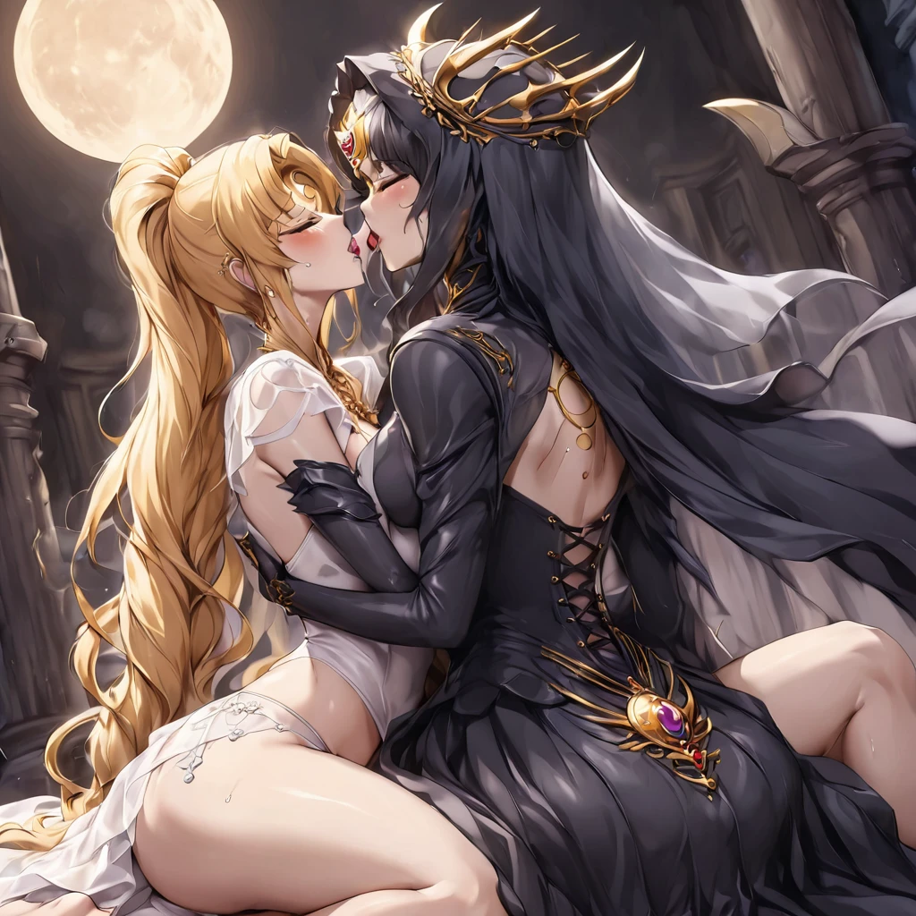 ((Highest quality)), ((masterpiece)), (detailed), (Perfect Face)、The woman is a dark queen with a black inverted crescent moon mark on her forehead, wearing a gorgeous, glittering black Gothic Victorian dress, a black veil, and a black see-through cape, as well as luxurious jeweled accessories.、The man is Demand, the dignified, evil, and powerful silver-haired demon king.、The Demon King of the Black Moon and the Dark Queen of the Black Moon having sex and making love、The woman is Black Serenity, the noble dark queen of the Black Moon clan and has blonde hair.2The woman with long hair tied up is Princess Serenity、The woman embraces the strong and evil demon king, kisses him as a vow, takes off her underwear in the temple of the black moon, joins their genitals, and has sex in the missionary position, with the man ejaculating a large amount from his genitals.、A large amount of semen oozing out of the joined genitals、The woman is a dark queen with a black inverted crescent moon mark on her forehead, wearing a gorgeous, glittering black Gothic Victorian dress, a black veil, and a black see-through cape, as well as luxurious jeweled accessories.で幸せそうな表情の漆黒のプリンセスセレニティで恋する乙女の表情、A woman and a strong, evil demon king man are embracing the dark bride woman, kissing her vows and getting married.、The man is a strong and evil demon king who embraces the woman, kisses her in oath, and has sex with her in the Temple of the Black Moon.、A couple having sex in love