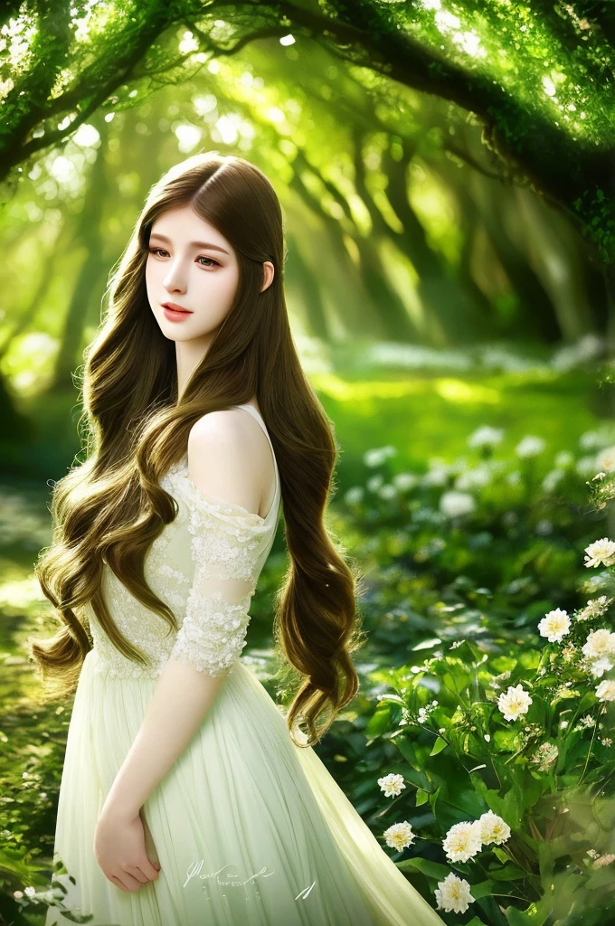 A young woman, detailed eyes, beautiful lips, long eyelashes, delicate facial features, long flowing hair, serene expression, flowing white dress, lush fantasy garden, blooming flowers, sunlight through trees, atmospheric lighting, vibrant colors, cinematic composition, award-winning digital art