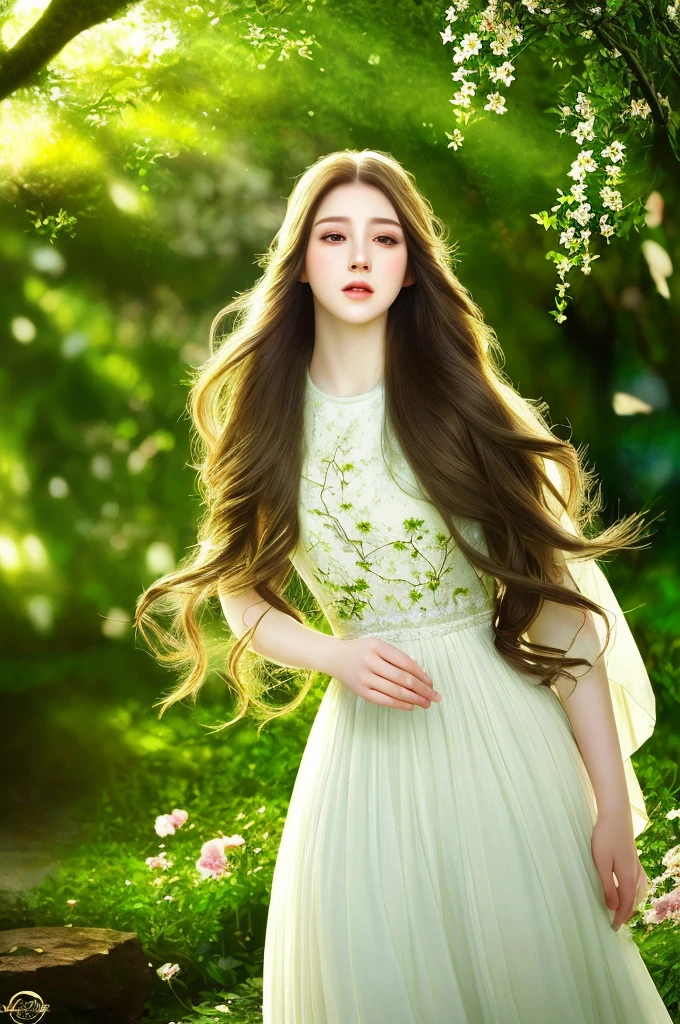 A young woman, detailed eyes, beautiful lips, long eyelashes, delicate facial features, long flowing hair, serene expression, flowing white dress, lush fantasy garden, blooming flowers, sunlight through trees, atmospheric lighting, vibrant colors, cinematic composition, award-winning digital art