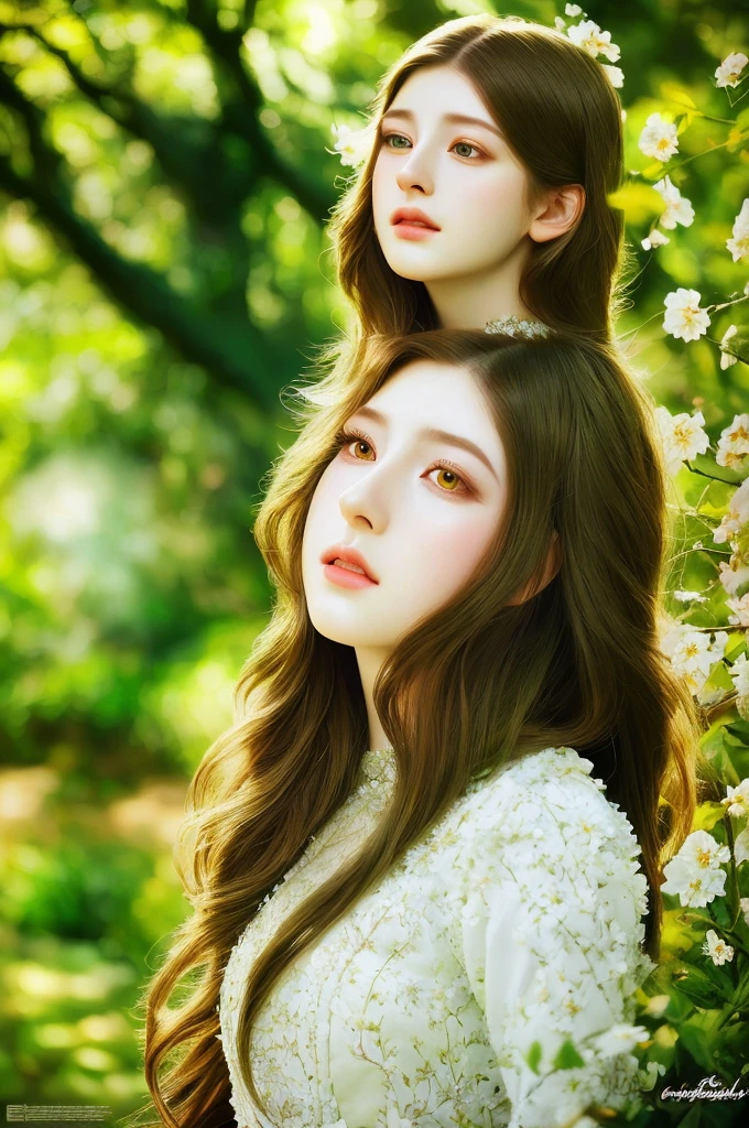 A young woman, detailed eyes, beautiful lips, long eyelashes, delicate facial features, long flowing hair, serene expression, flowing white dress, lush fantasy garden, blooming flowers, sunlight through trees, atmospheric lighting, vibrant colors, cinematic composition, award-winning digital art