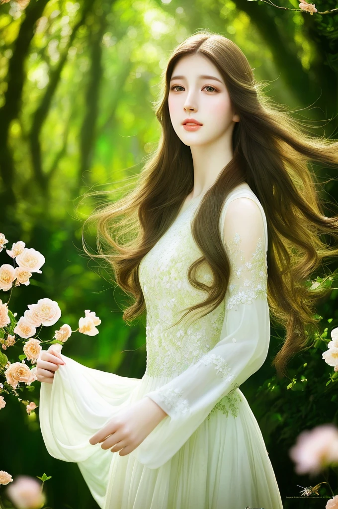 A young woman, detailed eyes, beautiful lips, long eyelashes, delicate facial features, long flowing hair, serene expression, flowing white dress, lush fantasy garden, blooming flowers, sunlight through trees, atmospheric lighting, vibrant colors, cinematic composition, award-winning digital art