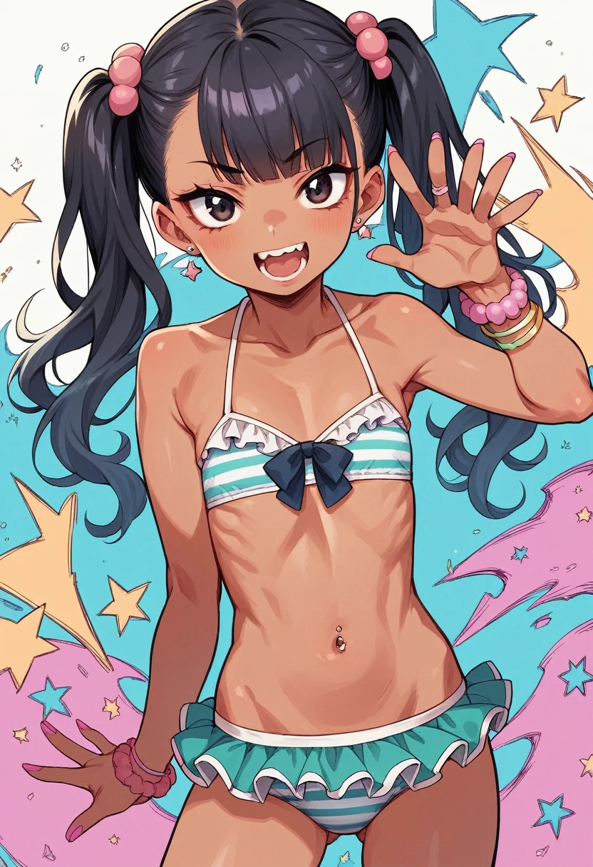 ((young 2girl ,short stature,gyaru)) ,flat chest,black hair, twintail ,,nsfw,heavyset,looking at viewer.stand,frilled pink striped swimsuits, slam,grinning,