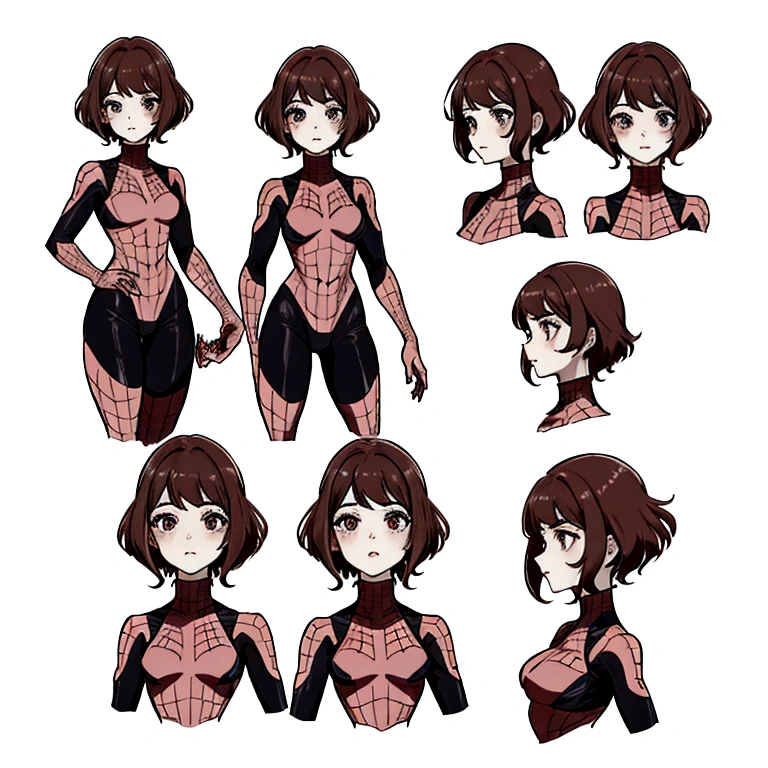 pink spiderman costume, brown short hair, black eyes, female, Scene standing on the rooftop, high quality