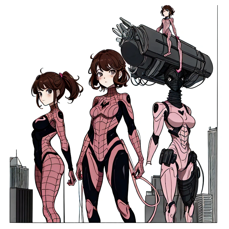 pink spiderman costume, brown short hair, black eyes, female, Scene standing on the rooftop, high quality