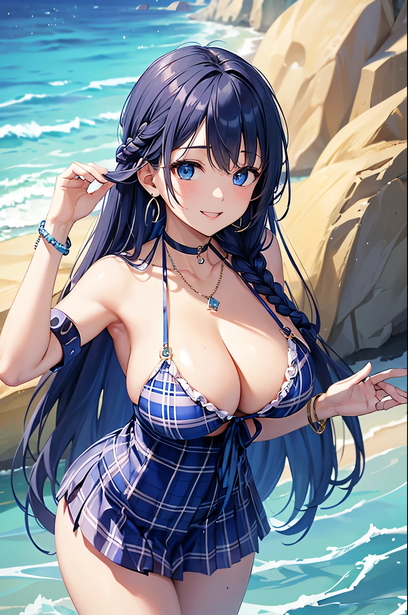 Highest quality、Highest quality、masterpiece、(8K),beauty(Age 25)、Navy blue long hair(Braiding of the sides)、blue eyes、Sexy Bikini(Plaid)、Big cleavage、(Big Breasts)、smile、blue necklace、Blue Earrings、background(Beach)、Please open your mouth wide、bracelet、Arch Pose、Blue choker