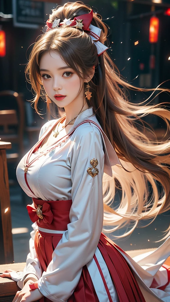 (, high resolution, Ultra Detailed, nffsw), On the table, best quality, SAMA1, Tira, Sailor warrior, White gloves, Red sailor collar, Red Skirt, Star necklace, Elbow groove, Pleated Skirt, Bare legs, Purple bow, Cowboy photoshoot, outdoor, Bokeh (85mm lens), Front camera, Gentle expression, wind blowing hair, fluffy hair, hair ((Brown)), Ponytail, Casual hairstyles, Blonde hair, Mole under left eye, Perfect body, Big breasts, Large Breasts, Top quality wearing hair ribbons, Earrings of top quality,