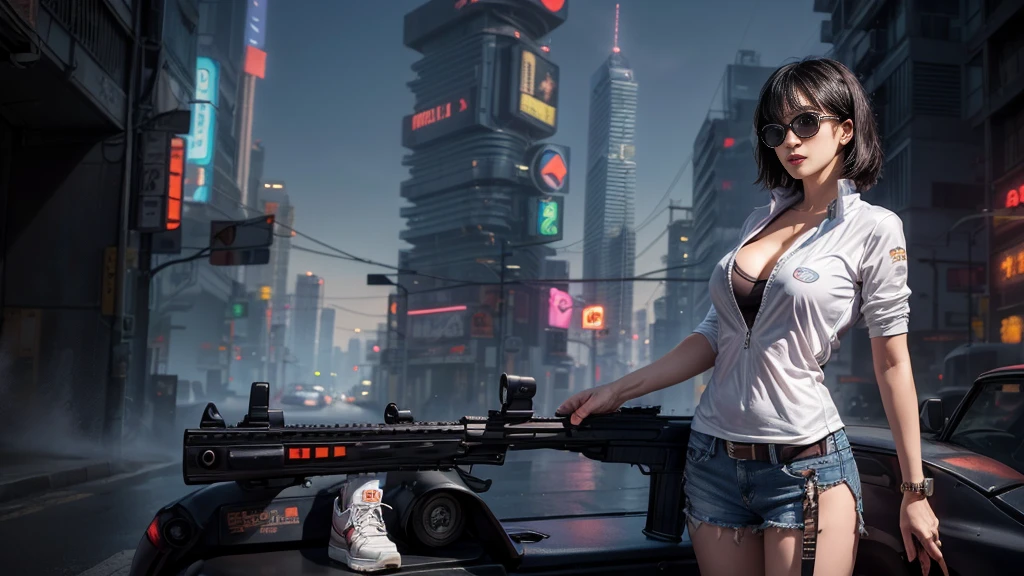 8k, Realistic Skin Texture, Realistic Photo, Neo Tokyo, slim Japanese women, large-breast:1.3 cleavage, AD2050 at night, Dirty hunting jacket, Wearing multiple shirts, (((black sunglasses, automatic rifle, sneakers, cold, shooting pose))), Innovative composition, revenge, An old 1966 Ford Bronco that looks out of place in a city, cyberpunk, blade runner worldview, Large neon sign, Geisha hologram sign, Strong Wakamoto Sign.