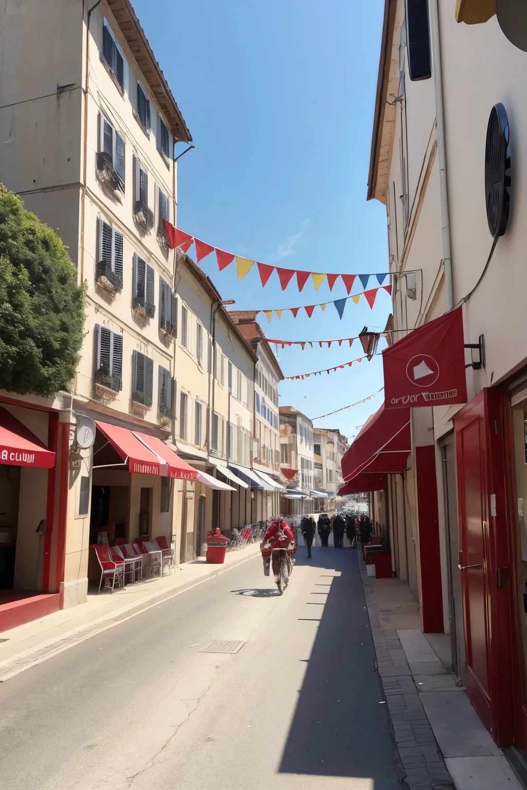 Create an image according to the scene below, considering the club colors red, blue and white Scene 1: The Arrival of the Local Maximus Club: Main square of the city.
Action: Posters announce the arrival of Clube Maximus, famous for training great players. Children and adults are curious and excited about the new.