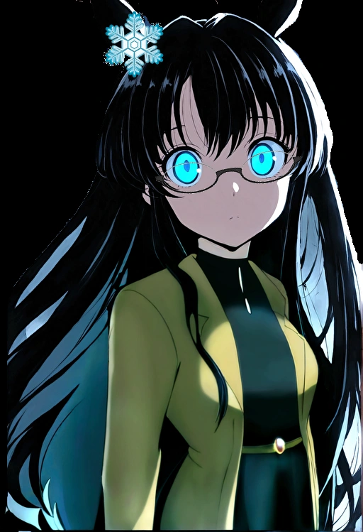 Anime Girls with blue eyes and black hair with a white flower in her hair, Anime Moe Art Style, gothic maiden Anime Girls, Her eyes have black anime pupils, With glowing eyes, 1 7 year old anime girl, Anime Girls wearing a black dress, With ghostly eyes and glasses, With big bright sad eyes, Glowing blue eyes, (Anime Girls) Brown coat Celebrities