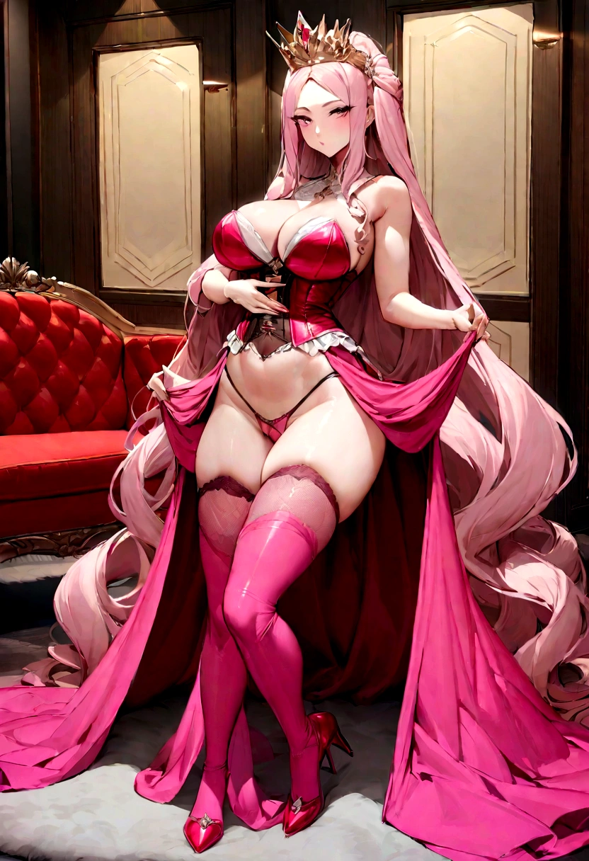 Bright and regal figure of the majestic queen., dressed in a luxurious bustier corset, which highlights her ample cleavage and defined waistline.. Her curvaceous hourglass figure is on full display., the corset lifts and shapes the breasts, curving inward, creating a seductive hourglass silhouette.. Her toned stomach is exposed, hinting at a tight pink thong , which she wears under her corset. thong , highlighted with delicate lace trim, hug her hips and thighs, showing off your curvy ass. Its long, the flowing dress drapes elegantly around her, further highlighting her hourglass figure, with dramatic train, flowing majestically behind it. Her head is held high, with a proud and confident expression offering a teasing glance at her seductive pink thong. The image is placed against the background of an ordinary apartment in the living room where the most ordinary interior is next to a red angular sofa ,she is wearing red thigh-high stockings ,stands on all fours ,