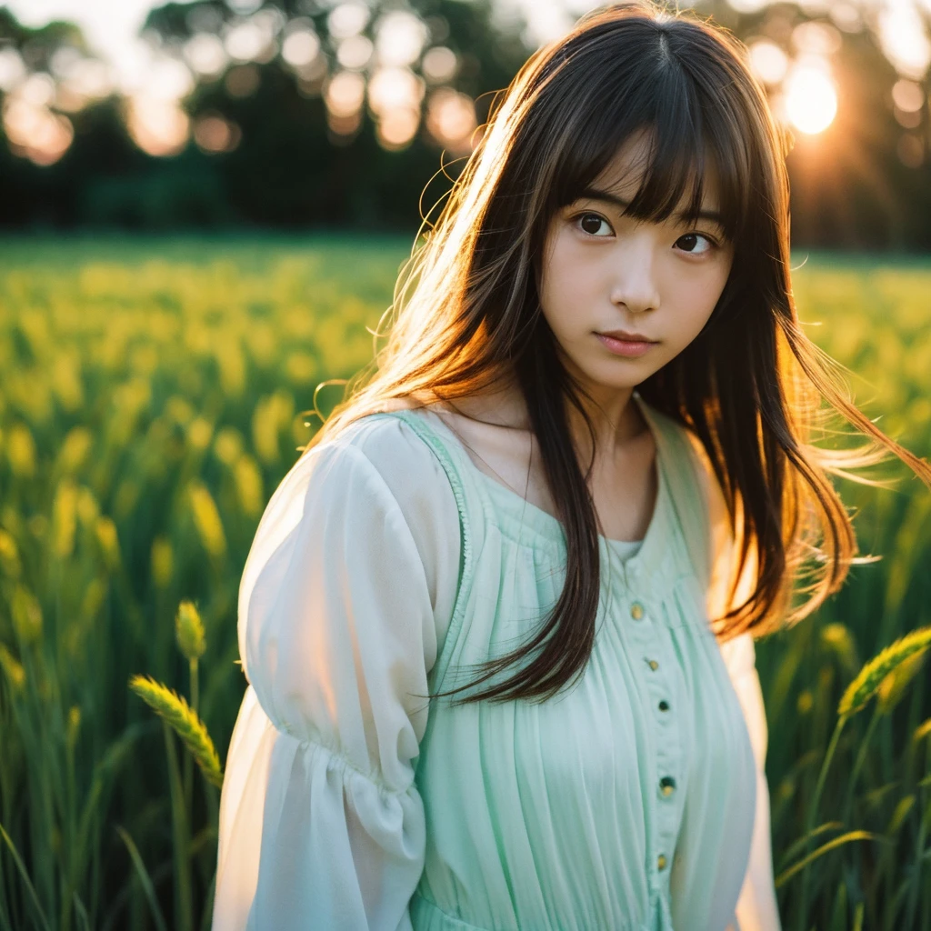  Japanese beautiful girl, Embarrassed look, figure, (Highest quality, Super detailed), front、Gentle lighting, Flowing Hair,one piece、 Delicate features, Dreamy atmosphere、Analog Film Photography、20-year-old、80'、サイバーパンクWindローファイアニメーション、Wind, sunset, Wheat field,