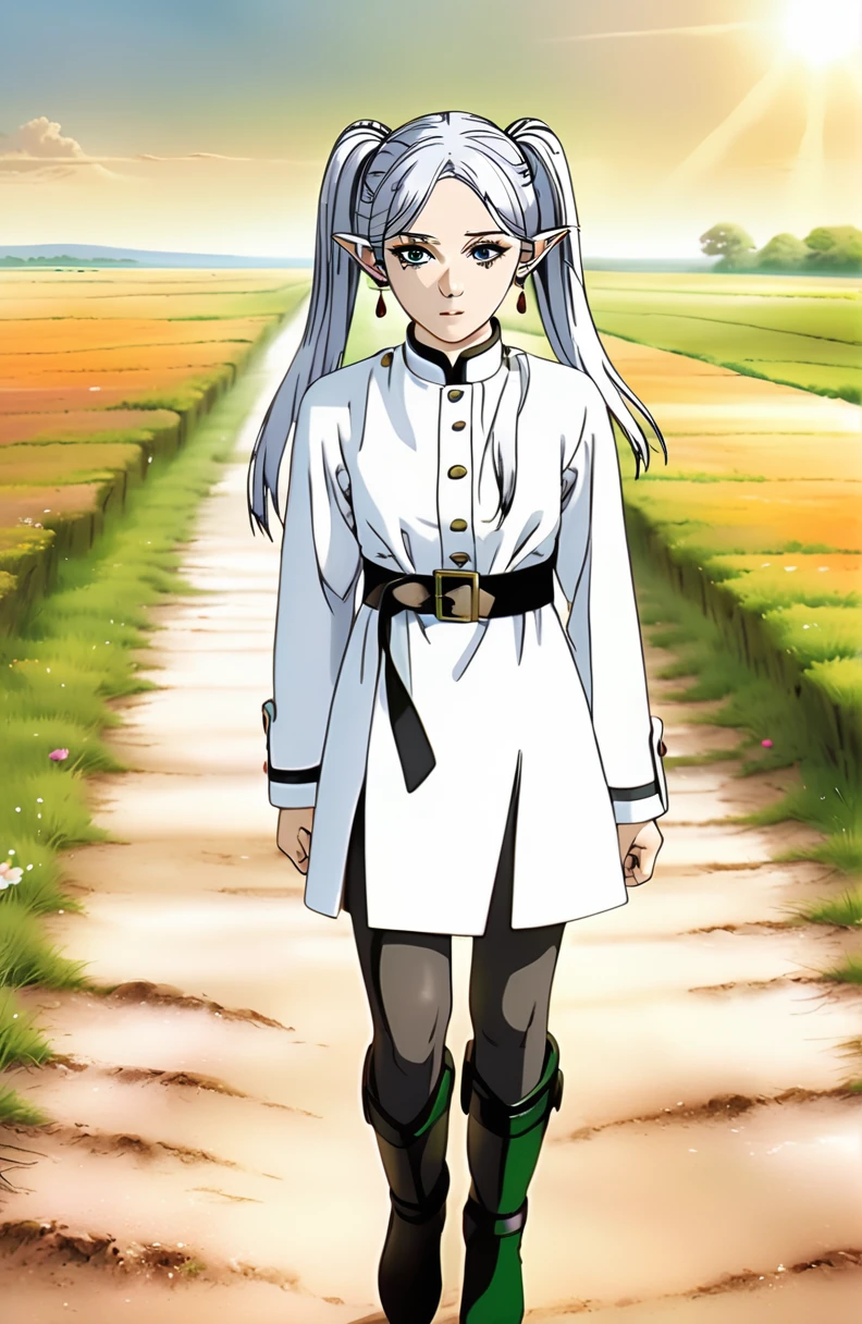 incredible quality, ultra detaild, work of art, movie poster. 1 imposing adult woman, confident and powerful but low, small stature, freeze, large, delicate, pointed elf ears, gray hair tied into neat twintails, greeneyes, elegant makeup, striking black mascara, subtly smoky eyeshadow, red drop-shaped earrings, Sophisticated cut white jacket with gold buttons and intricate dark yellow details, Striped shirt with black horizontal stripes, black leather belt with detailed silver buckle, white skirt with dark yellow ornaments, ending elegantly at the knee, black pantyhose, polished brown leather boots, walking gracefully on a dirt road with small loose stones that reflect the sunlight, In the background, a green field full of wildflowers of different colors, Blue sky with a few scattered white clouds, flower petalas voam like the wind, everything extremely detailed, each element captured precisely to create a visually stunning and captivating scene.