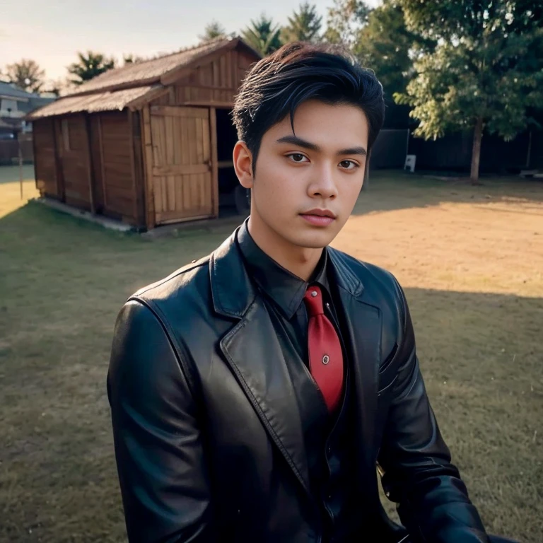 Close-up of a Southeast Asian man with a round face., black eyes, staring at the viewer, morning sun, ((face details)), Double eyelids, realistic, Masterpiece, Highest quality, lens flare, shade, [[Chromatic aberration, digital painting, 8K, 45,000,000,000 pixels,, t-shirt, long hair,black eyes,abdominal muscles, The body is beautiful and strong., Curvy chest, (digital painting, HDR, high contrast