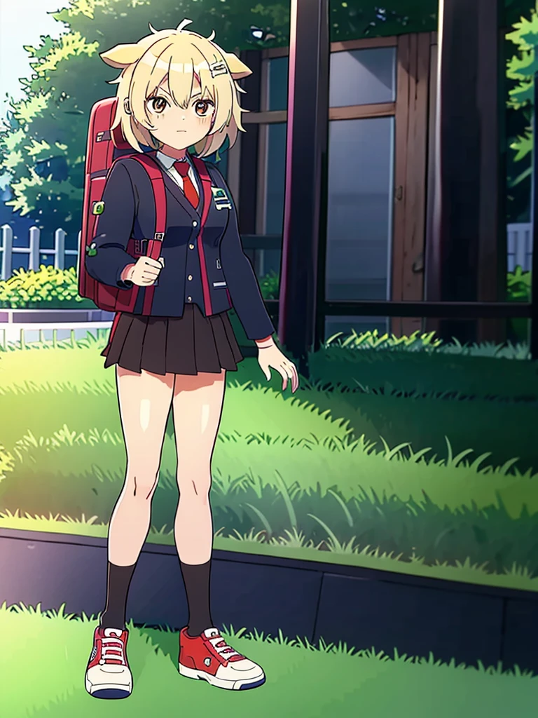 Screenshot boku no hero academia full body teenage girl ************ short white wavy hair bright blue eyes wearing a gray blazer red tie and green skirt with long black tights and white shoes carrying a brown backpack park wallpaper