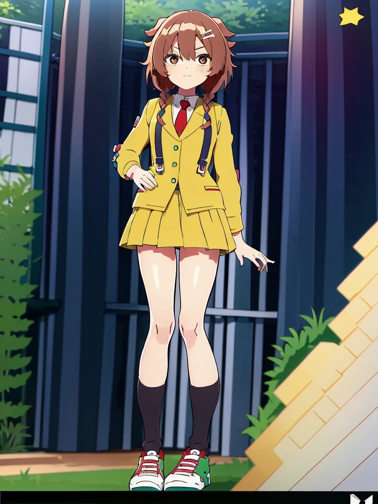 Screenshot boku no hero academia full body teenage girl ************ short white wavy hair bright blue eyes wearing a gray blazer red tie and green skirt with long black tights and white shoes carrying a brown backpack park wallpaper