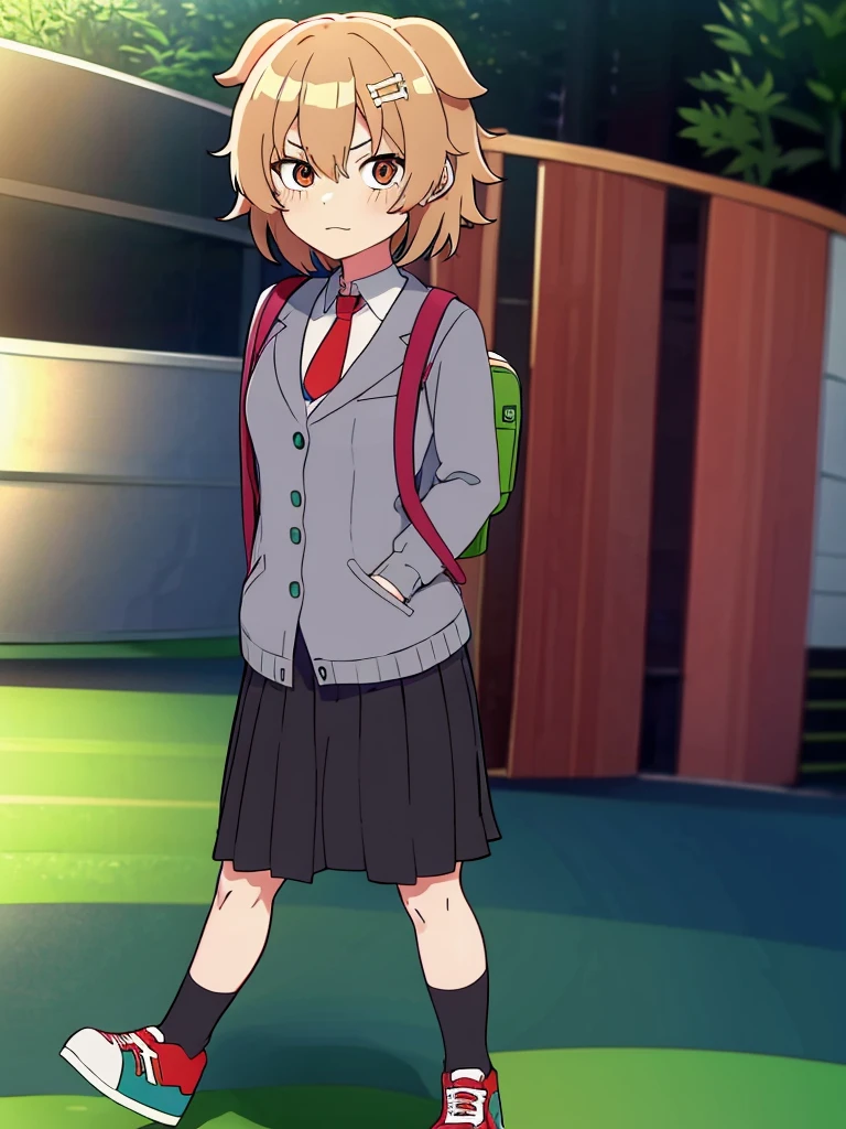 Screenshot boku no hero academia full body teenage girl ************ short white wavy hair bright blue eyes wearing a gray blazer red tie and green skirt with long black tights and white shoes carrying a brown backpack park wallpaper