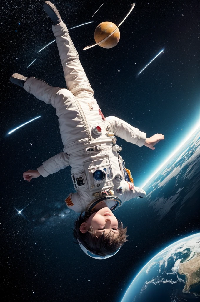 Boy astronaut floating with planets and stars