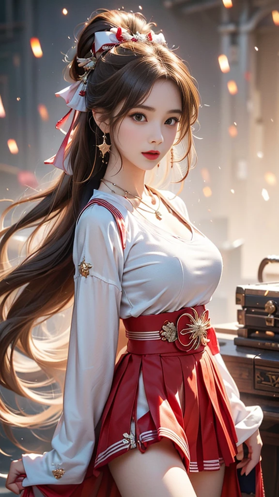 (, high resolution, Ultra Detailed, nffsw), On the table, best quality, SAMA1, Tira, Sailor warrior, White gloves, Red sailor collar, Red Skirt, Star necklace, Elbow groove, Pleated Skirt, Bare legs, Purple bow, Cowboy photoshoot, outdoor, Bokeh (85mm lens), Front camera, Gentle expression, wind blowing hair, fluffy hair, hair ((Brown)), Ponytail, Casual hairstyles, Blonde hair, Mole under left eye, Perfect body, Big breasts, Large Breasts, Top quality wearing hair ribbons, Earrings of top quality,