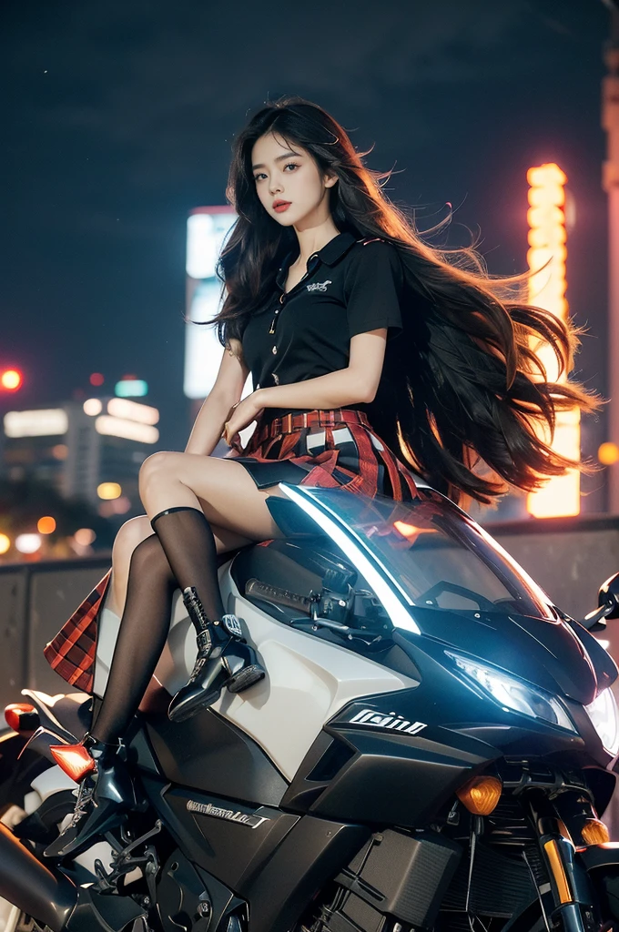 (((best quality))),(((ultra detailed))),(((masterpiece))),illustration,(1 beautiful girl,solo),((slim,thin)),((small breasts,flat chest)),(safety helmet:1.3),shoulder length straight hair,slender legs,cyberpunk, urban street,high school student, JK outfit,(riding on a motorcycle:1.3), sleek, (white collared short-sleeved shirt:1.3), (red checkered pleated skirt:1.3),(pantyhose:1.3), stylish boots, confidence, determination, dark streets, wind, hair blowing, neon lights, skyscrapers, urban noises, traffic, sirens, city sounds, futuristic, dystopian society, technology, fashion, explosive cocktail, style, , modernity, attitude, spirit, anything is possible,from front
