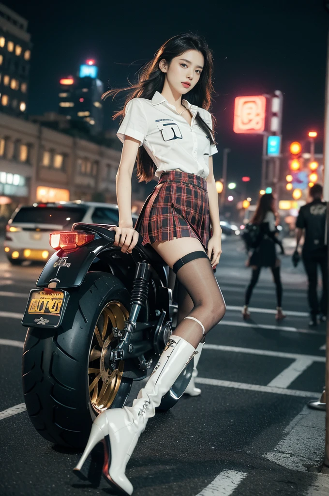 (((best quality))),(((ultra detailed))),(((masterpiece))),illustration,(1 beautiful girl,solo),((slim,thin)),((small breasts,flat chest)),(safety helmet:1.3),shoulder length straight hair,slender legs,cyberpunk, urban street,high school student, JK outfit,(riding on a motorcycle:1.3), sleek, (white collared short-sleeved shirt:1.3), (red checkered pleated skirt:1.3),(pantyhose:1.3), stylish boots, confidence, determination, dark streets, wind, hair blowing, neon lights, skyscrapers, urban noises, traffic, sirens, city sounds, futuristic, dystopian society, technology, fashion, explosive cocktail, style, , modernity, attitude, spirit, anything is possible,from front