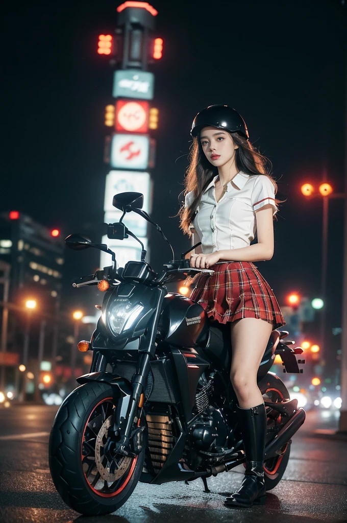 (((best quality))),(((ultra detailed))),(((masterpiece))),illustration,(1 beautiful girl,solo),((slim,thin)),((small breasts,flat chest)),(safety helmet:1.3),shoulder length straight hair,slender legs,cyberpunk, urban street,high school student, JK outfit,(riding on a motorcycle:1.3), sleek, (white collared short-sleeved shirt:1.3), (red checkered pleated skirt:1.3),(pantyhose:1.3), stylish boots, confidence, determination, dark streets, wind, hair blowing, neon lights, skyscrapers, urban noises, traffic, sirens, city sounds, futuristic, dystopian society, technology, fashion, explosive cocktail, style, , modernity, attitude, spirit, anything is possible,from front