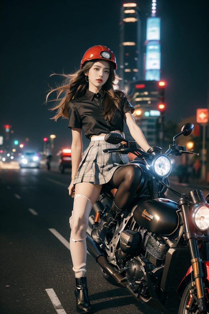 (((best quality))),(((ultra detailed))),(((masterpiece))),illustration,(1 beautiful girl,solo),((slim,thin)),((small breasts,flat chest)),(safety helmet:1.3),shoulder length straight hair,slender legs,cyberpunk, urban street,high school student, JK outfit,(riding on a motorcycle:1.3), sleek, (white collared short-sleeved shirt:1.3), (red checkered pleated skirt:1.3),(pantyhose:1.3), stylish boots, confidence, determination, dark streets, wind, hair blowing, neon lights, skyscrapers, urban noises, traffic, sirens, city sounds, futuristic, dystopian society, technology, fashion, explosive cocktail, style, , modernity, attitude, spirit, anything is possible,from front