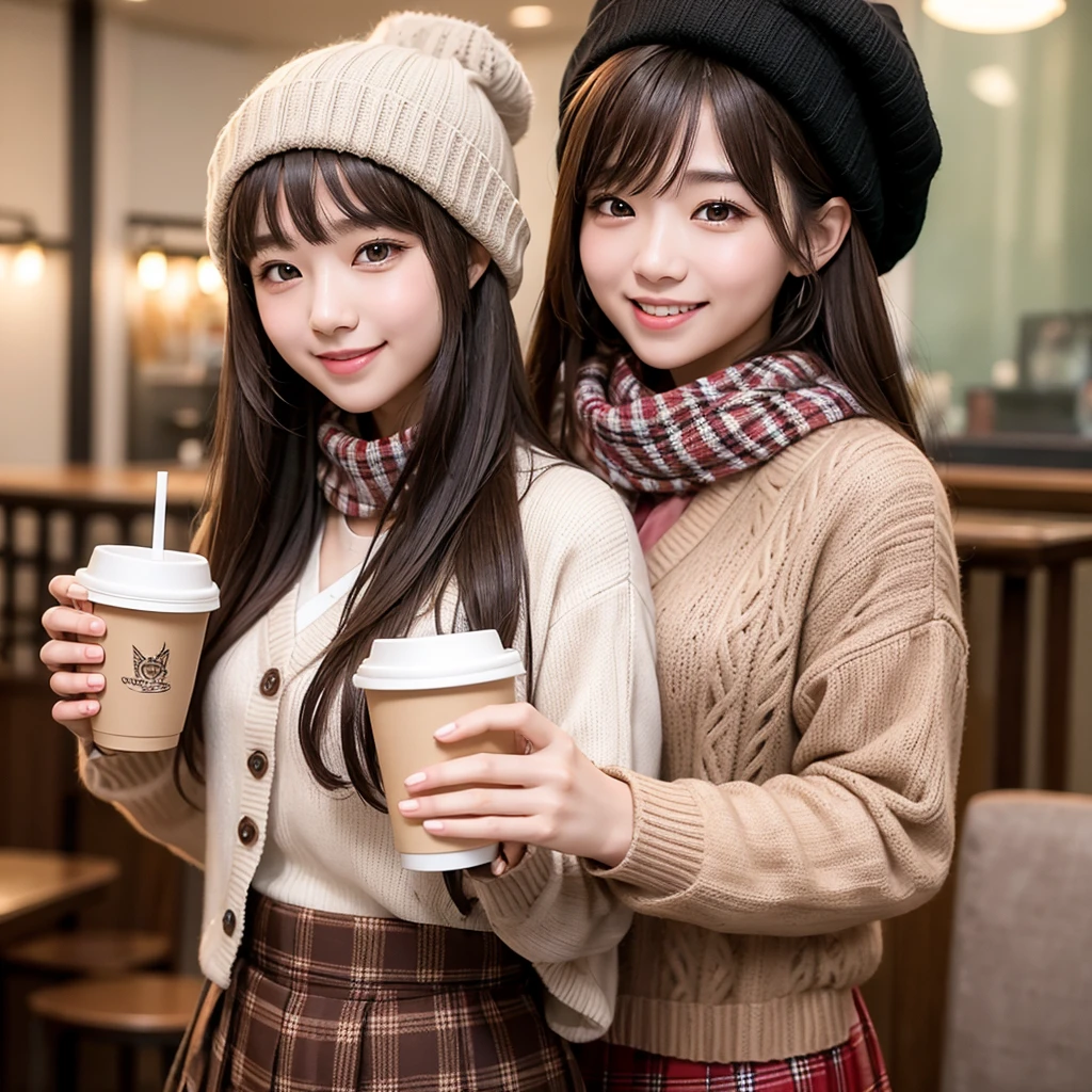 One girl, 紅leaf, bangs, Black Hat, Blurred Background, blush, Brown eyes, Brown Hair, brown scarf, brown skirt, cardigan, coffee, Cowboy Shot, cup, disposable cup, drink, 落ちleaf, Beanie, Holding, Holding drink, leaf, Long Hair, Long sleeve, View your viewers, open cardigan, Open your mouth, Plaid, Plaid skirt, puffy Long sleeve, red sweater, scarf, shirt, shirt tucked in, Side Lock, skirt, smile, alone, sweater, white shirt, Very detailed, Complex, masterpiece, Absurd