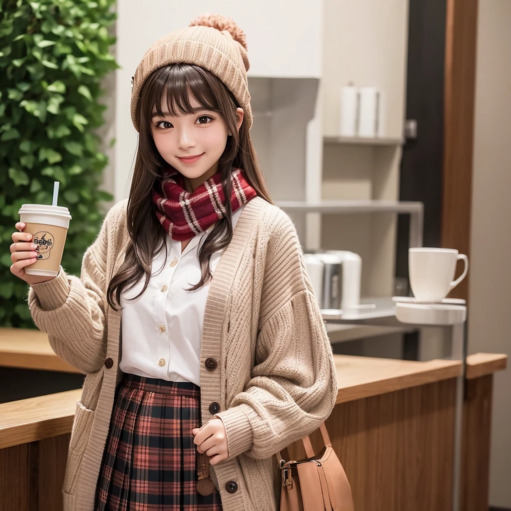 One girl, 紅leaf, bangs, Black Hat, Blurred Background, blush, Brown eyes, Brown Hair, brown scarf, brown skirt, cardigan, coffee, Cowboy Shot, cup, disposable cup, drink, 落ちleaf, Beanie, Holding, Holding drink, leaf, Long Hair, Long sleeve, View your viewers, open cardigan, Open your mouth, Plaid, Plaid skirt, puffy Long sleeve, red sweater, scarf, shirt, shirt tucked in, Side Lock, skirt, smile, alone, sweater, white shirt, Very detailed, Complex, masterpiece, Absurd