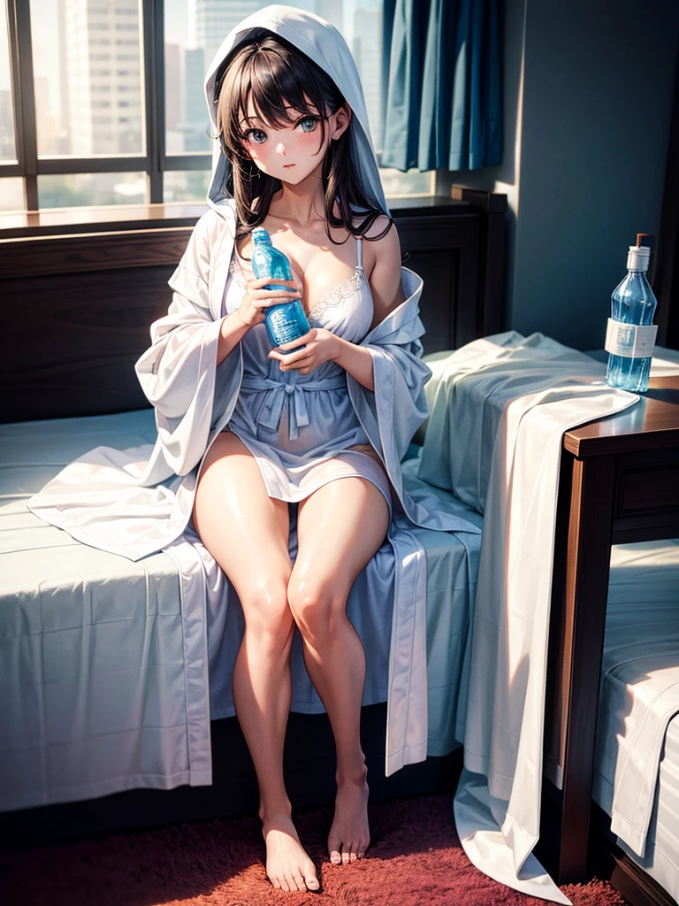 Highest Resolution,Highest quality,A beautiful girl wearing a gown bathrobe and holding a plastic bottle in her bedroom,underwear,Full body close-up,white bathrobe gown,Sit on the bed,