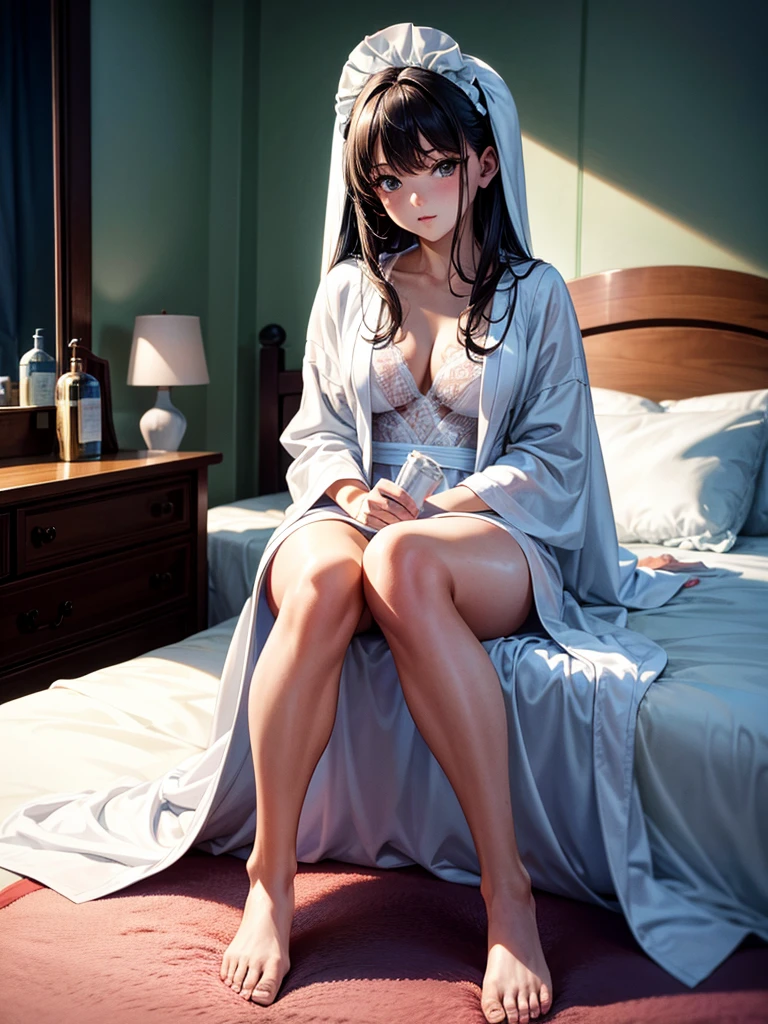 Highest Resolution,Highest quality,A beautiful girl wearing a gown bathrobe and holding a plastic bottle in her bedroom,underwear,Full body close-up,white bathrobe gown,Sit on the bed,