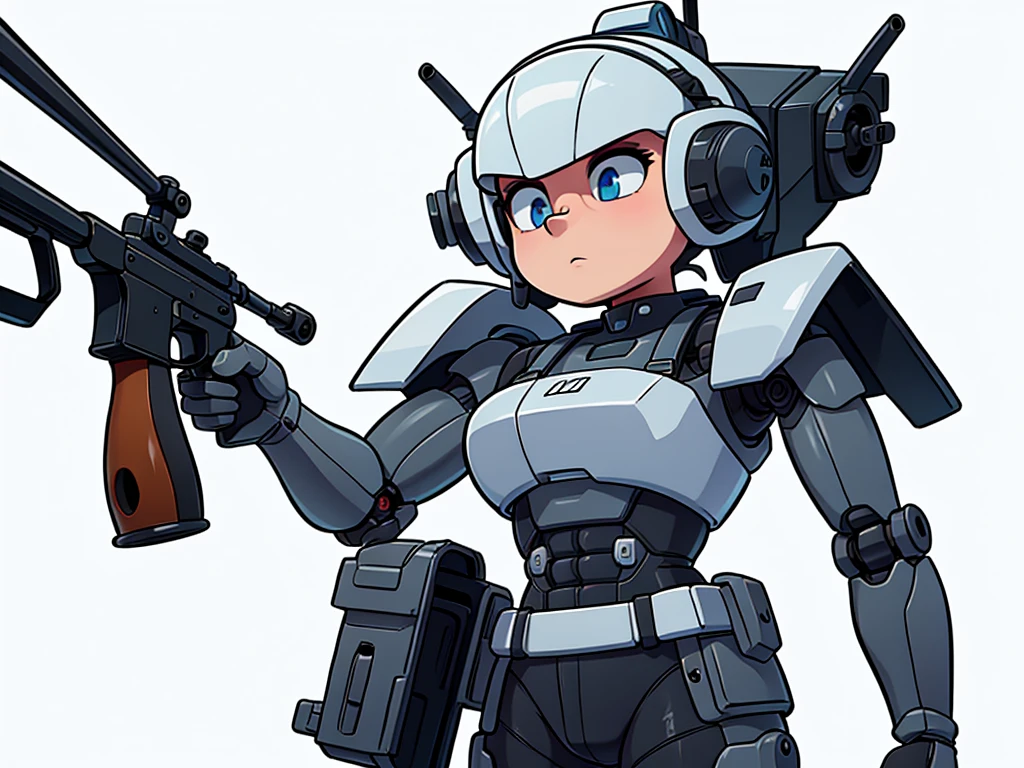 Image of a military-style robot holding a shotgun against a white background