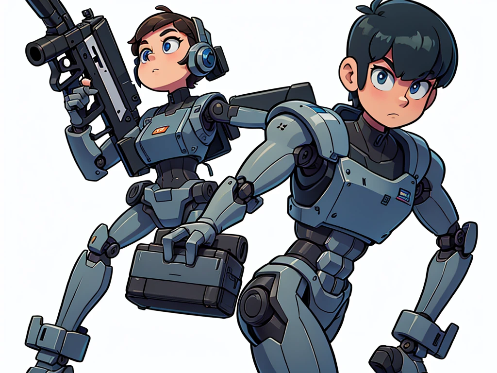 Image of a military-style robot holding a shotgun against a white background