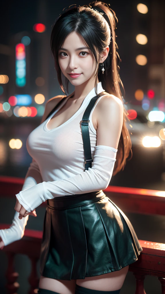 (8K, best quality, masterpiece: 1.2), (Practical, Reality: 1.37), Super Detail, A girl, Lovely, Solitary, (Tifa Lockhart), (Small Breasts), (漂亮的Eye), (Smile: 1.2), (closure), posture, dance, neon, city View, Depth of Field, Dark intense shadows, Clear focus, car, Motion Blur, 摩托car, Depth of Field, work, Glowing green, Final Fantasy VII, date, (nose brush), single Elbow pads, Ankle boots, Black Hair, Black skirt, black thighs, Red boots, Elbow gloves, Elbow pads, Fingerless gloves, Tight shirt, Good exercise, (suspender Black skirt), thigh, White vest, whole body, Headrest, Lips, Pretty Face, Low-tied long hair, (Red_Eye)), Flowers, (night: 1.3), complicated, Bokeh, light, Photon Mapping, Radiosity, Physically Based Rendering, (Tetsuya Nomura style)