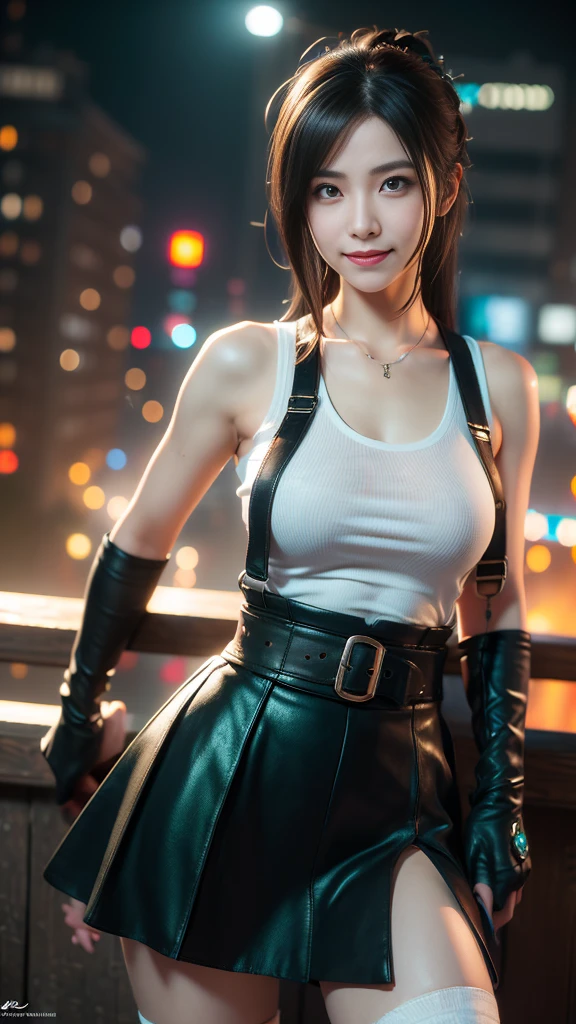 (8K, best quality, masterpiece: 1.2), (Practical, Reality: 1.37), Super Detail, A girl, Lovely, Solitary, (Tifa Lockhart), (Small Breasts), (漂亮的Eye), (Smile: 1.2), (closure), posture, dance, neon, city View, Depth of Field, Dark intense shadows, Clear focus, car, Motion Blur, 摩托car, Depth of Field, work, Glowing green, Final Fantasy VII, date, (nose brush), single Elbow pads, Ankle boots, Black Hair, Black skirt, black thighs, Red boots, Elbow gloves, Elbow pads, Fingerless gloves, Tight shirt, Good exercise, (suspender Black skirt), thigh, White vest, whole body, Headrest, Lips, Pretty Face, Low-tied long hair, (Red_Eye)), Flowers, (night: 1.3), complicated, Bokeh, light, Photon Mapping, Radiosity, Physically Based Rendering, (Tetsuya Nomura style)
