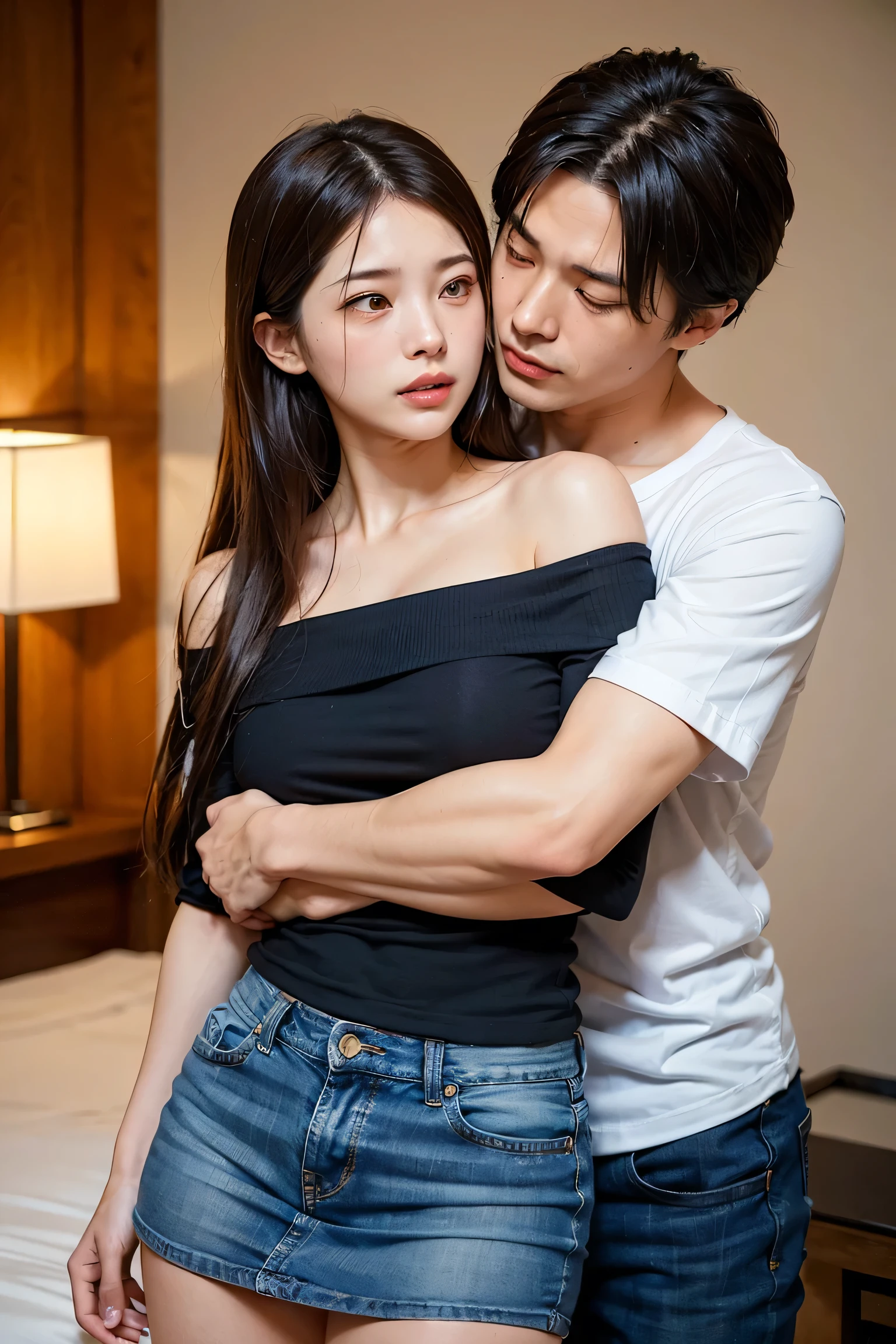 masterpiece，Highest quality，Advanced Details，1 male，1 female，((Hotel Bedroom:1.4))、((Japanese woman with straight medium-long hair:1.4))，((A woman wearing a white short-sleeved off-the-shoulder cotton shirt and a denim miniskirt:1.4))，Japanese middle-aged 1 male，Black Haired Man，A man in a white dress shirt is very handsome，((Man hugging woman&#39;head:1.4))，The Woman is short，The man is tall，Reflects the height difference between men and women，The Woman&#39;Height: 160cm.，The man is 175cm tall...，Man touching woman&#39;s head:1.7、((They are standing in an empty room:1.5))、Women play a leading role、Women are skinny，Small breasted women、