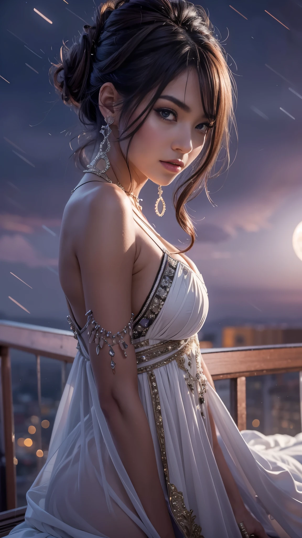 (32k:1.5, Highest quality, masterpiece, Ultra-high resolution), Professional camera work:1.6, Very detailedな肌と顔の質感:1.3, Fascinating肖像画, Very accurate, Very detailed, 1 adult female, ((Amazing night view from the rooftop:1.3, The moonlight at night illuminates my body)), (Satin Nightgown:0.5), Incredibly slim body, Fair skin, elegant, Expressions of sadness, (Big eyes that exude beautiful eroticism:0.8, Sad expression:1.0, I love you with all my heart:0.8, Please open your mouth a little, lipstick, Feel the beautiful eroticism:0.8), (Wet dark brown medium length hair), Candles, The chest is medium, Earrings, necklace, bracelet, Sensual sitting position, (romantic, dramatic, mysterious), Object of admiration, Artistic, Innovative, Fascinating, Stimulate, Extreme, clear, Tilt, ((Adult charm, Feminine charm, Hair blowing in the wind))