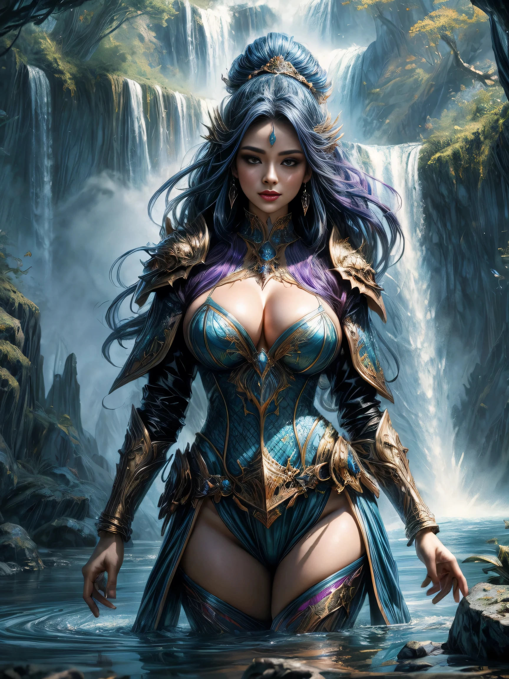 (Best quality, 8K, Masterpiece: 1.2), Very Detailed Face, Beautiful Detailed Eyes, Beautiful Detailed Lips, Ultra Detailed big Breasts, Extremely Profiled Breasts, Extreme Description Of Details, Vivid and Intense Colors, Vibrant Colors, Bright Magic Aura, Ethereal Lighting, Arafed Cute Woman in Skimpy Outfit Stands in Front of a Waterfall, Fantasy Woman, Beautiful Fantasy Art, Beautiful Fantasy, 8k Fantasy Art, Fantasy Art Style, Very Beautiful Fantasy Art, Epic Fantasy Digital Art Style, Detailed Fantasy Digital Art, Fantasy Digital Art, 8K Fantasy Painting